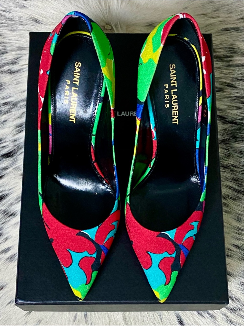 SAINT LAURENT 105MM ZOE “IBIZA”FLORAL HEELS, SZ 38.5 US/8-8.5 - Picture 9 of 11